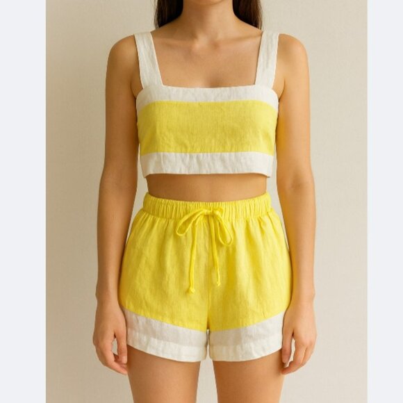 Haute Hippie Two Piece Set Yellow White Linen Blend Crop Top & Shorts Size M - Picture 1 of 8